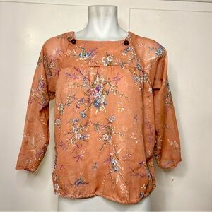 Vintage 60s Pink Coral Floral Babydoll 3/4 Sleeve Blouse